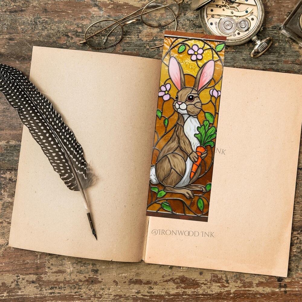 Stained Glass Look Bunny Bookmark,Orange Pink Rabbit Creature Wild Life Art